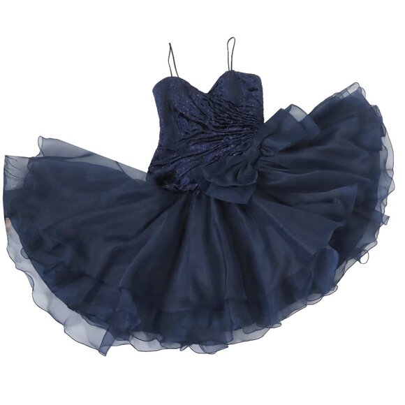 Vintage 80s Navy Blue Velvet Burnout Full Skirt Bow Dance Prom Party Dress XS S - Picture 7 of 12